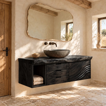 Bathroom Vanity with Sink, Live-Edge Slab, Three Drawers and Wave-Carved Door - Woodenecho - 11