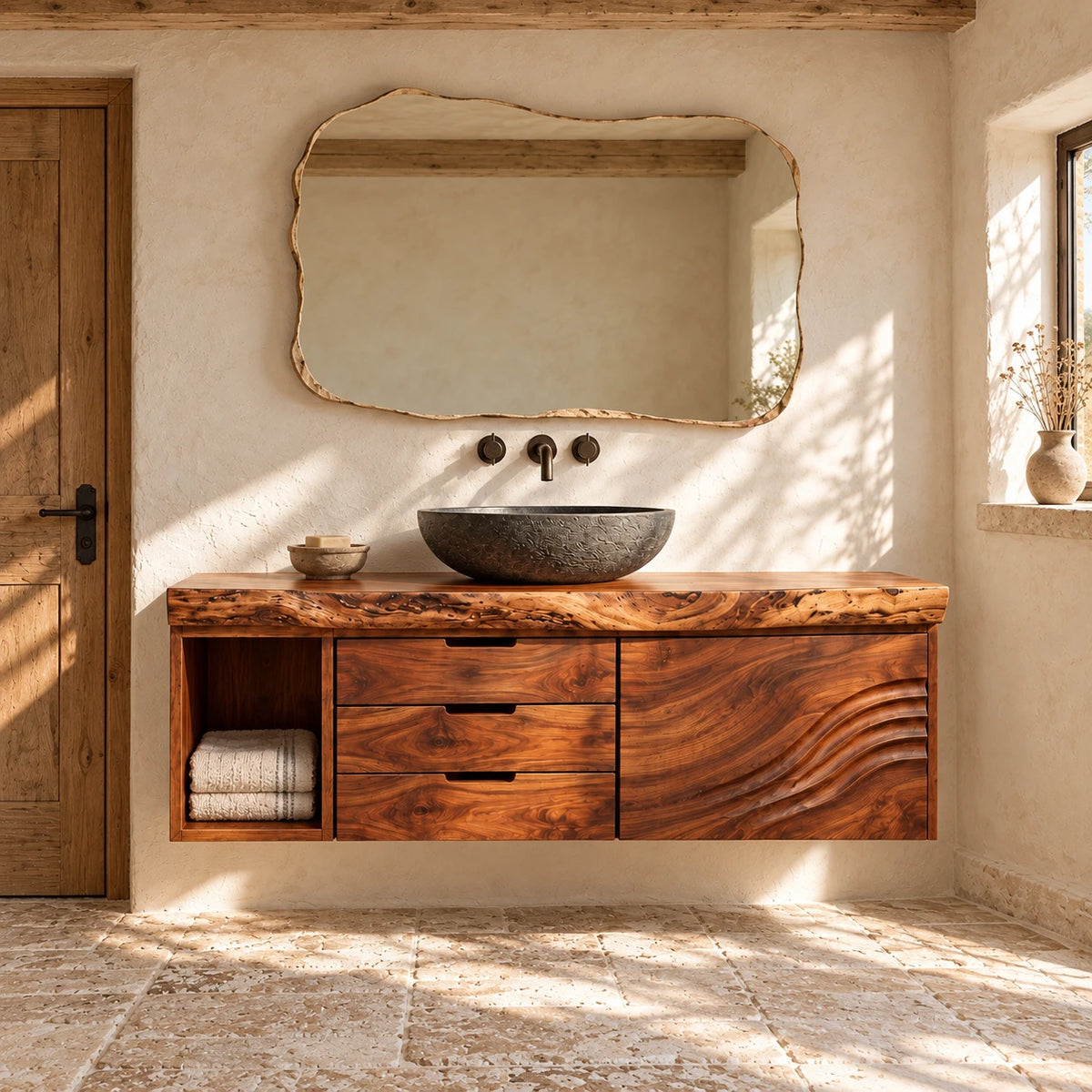 Bathroom Vanity with Sink, Live-Edge Slab, Three Drawers and Wave-Carved Door - Woodenecho - 2