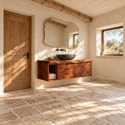 Bathroom Vanity with Sink, Live-Edge Slab, Three Drawers and Wave-Carved Door - Woodenecho - 3