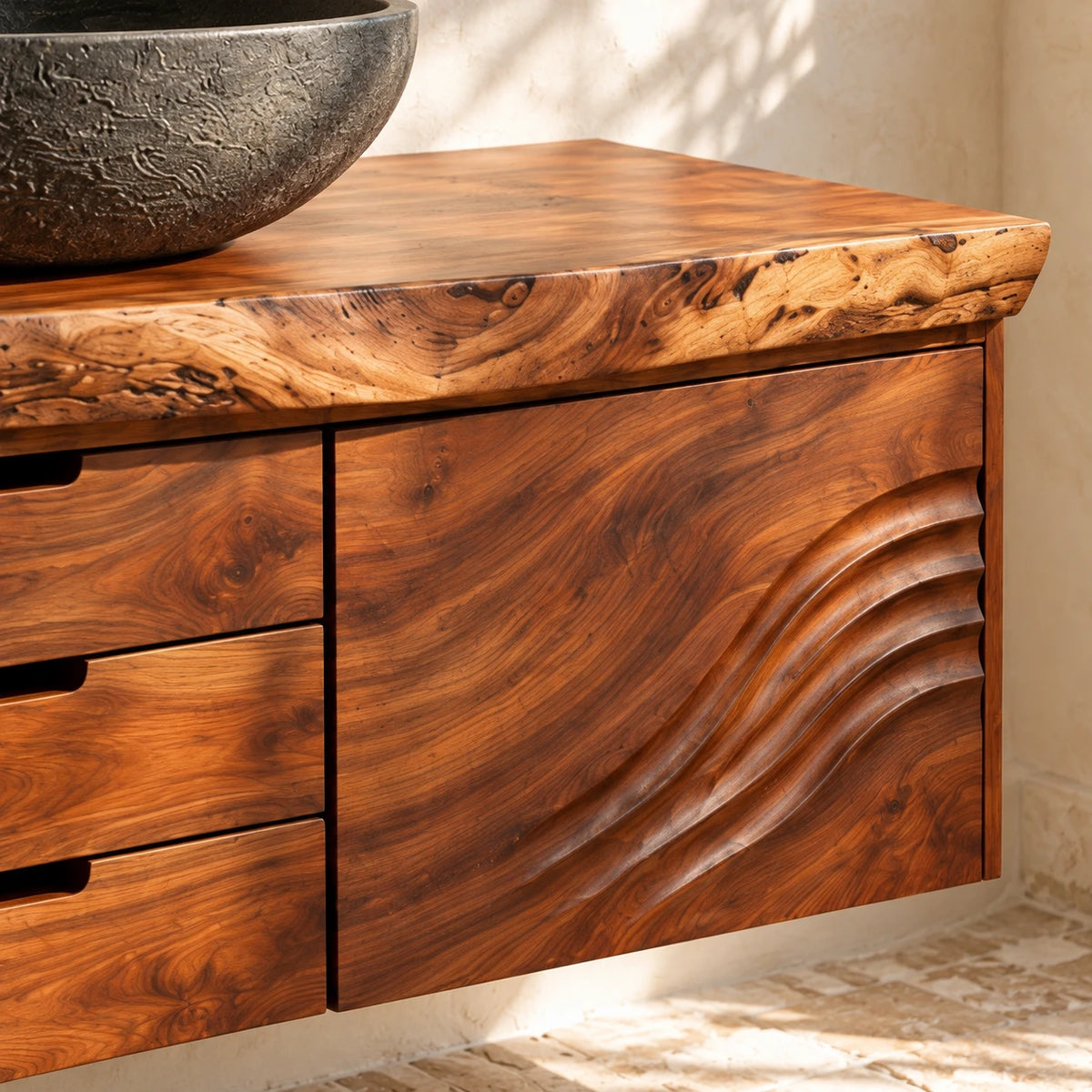 Bathroom Vanity with Sink, Live-Edge Slab, Three Drawers and Wave-Carved Door - Woodenecho - 4