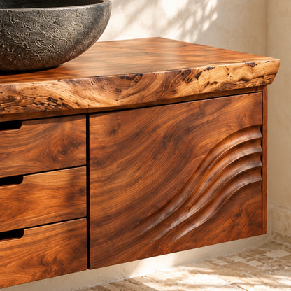 Bathroom Vanity with Sink, Live-Edge Slab, Three Drawers and Wave-Carved Door - Woodenecho - 4