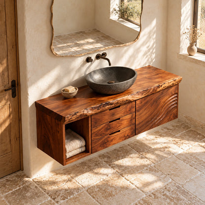 Bathroom Vanity with Sink, Live-Edge Slab, Three Drawers and Wave-Carved Door - Woodenecho - 5