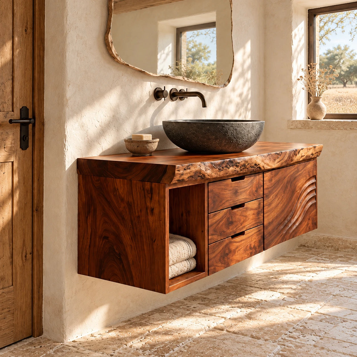 Bathroom Vanity with Sink, Live-Edge Slab, Three Drawers and Wave-Carved Door - Woodenecho - 6