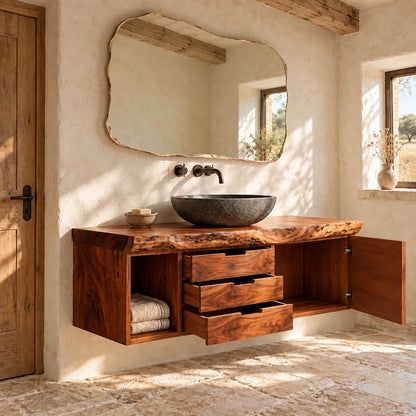 Bathroom Vanity with Sink, Live-Edge Slab, Three Drawers and Wave-Carved Door - Woodenecho - 7