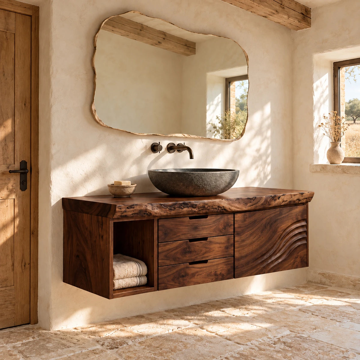 Bathroom Vanity with Sink, Live-Edge Slab, Three Drawers and Wave-Carved Door - Woodenecho - 9