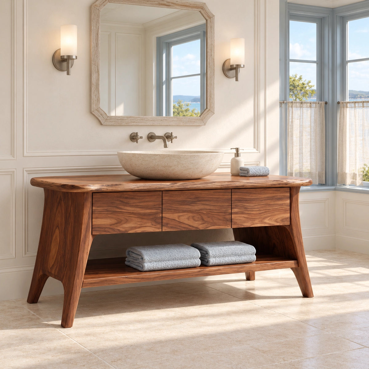 Bathroom Vanity with Three Drawers and Open Shelf in Natural Solid Wood - Woodenecho - 1