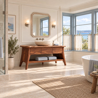 Bathroom Vanity with Three Drawers and Open Shelf in Natural Solid Wood - Woodenecho - 2