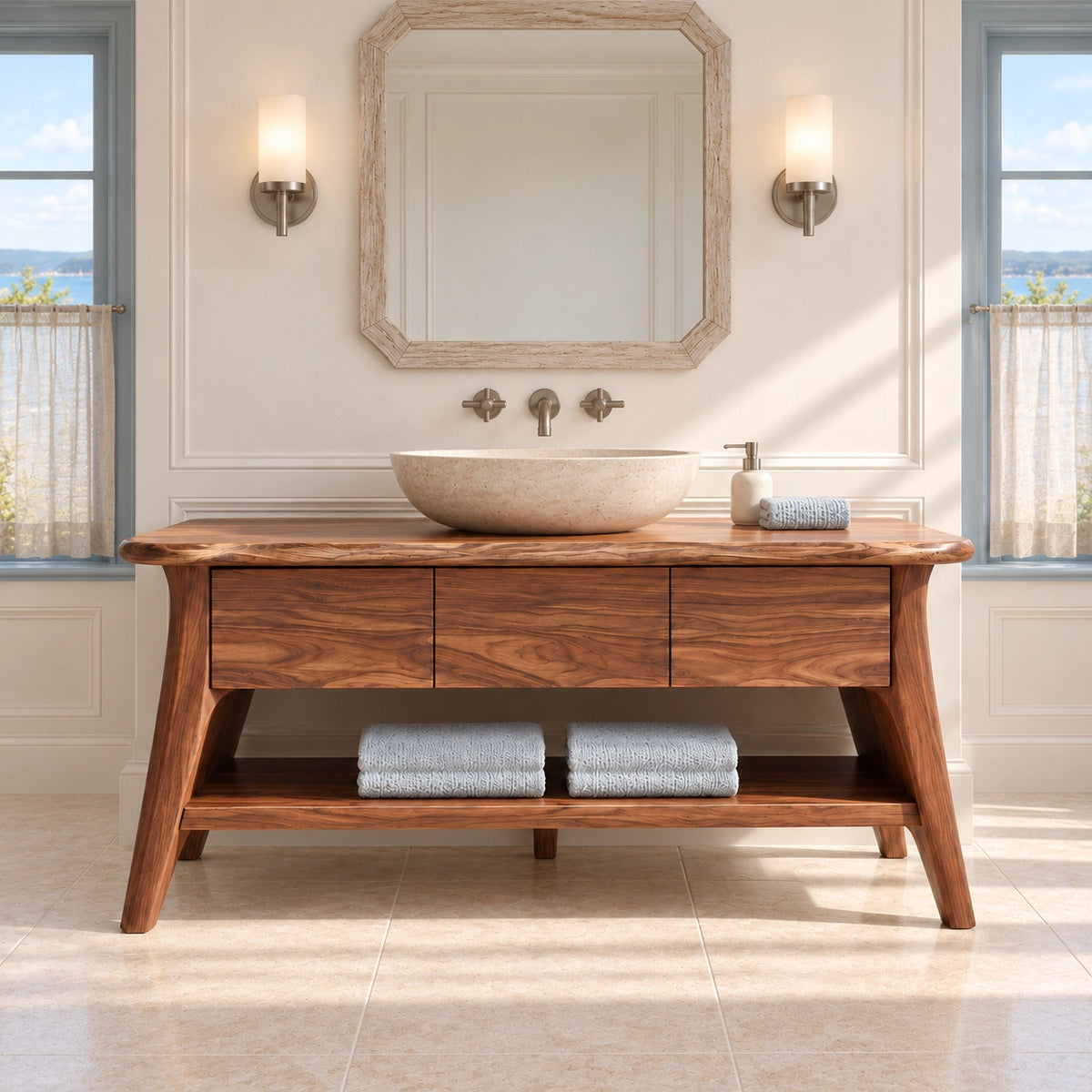 Bathroom Vanity with Three Drawers and Open Shelf in Natural Solid Wood - Woodenecho - 3