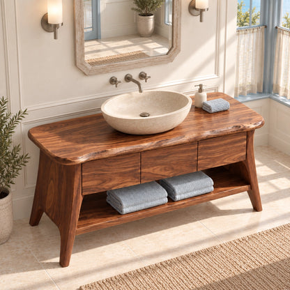 Bathroom Vanity with Three Drawers and Open Shelf in Natural Solid Wood - Woodenecho - 4