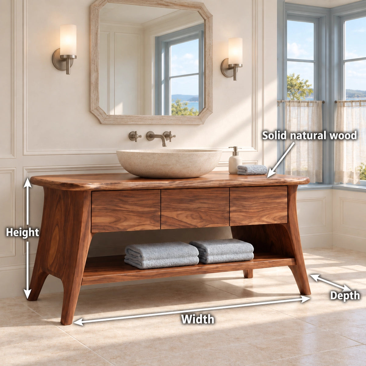 Bathroom Vanity with Three Drawers and Open Shelf in Natural Solid Wood - Woodenecho - 6