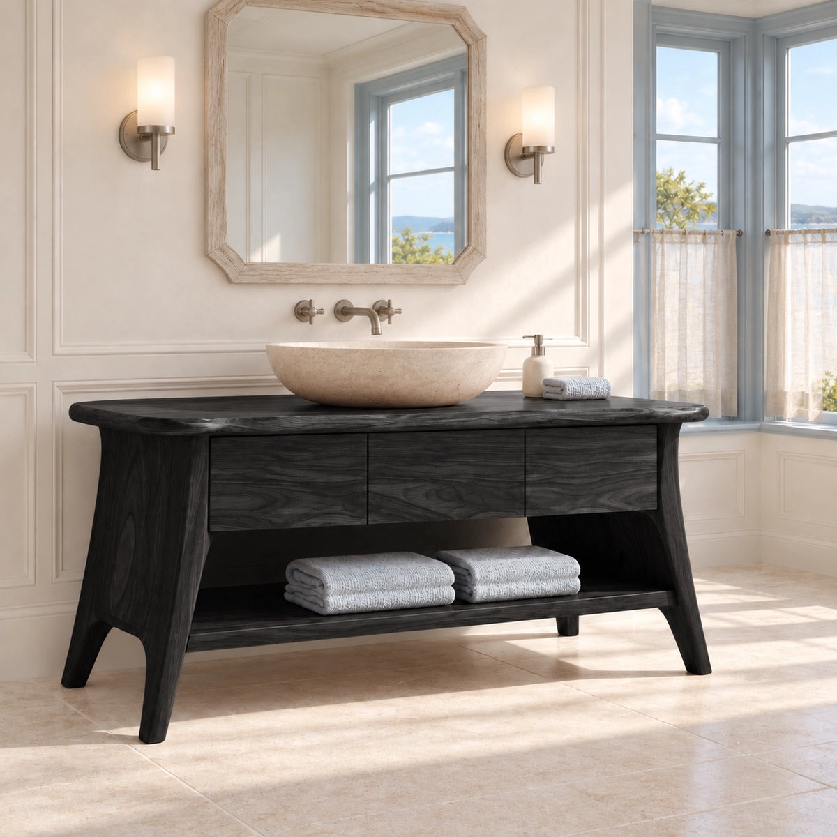 Bathroom Vanity with Three Drawers and Open Shelf in Natural Solid Wood - Woodenecho - 7