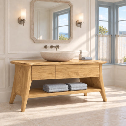 Bathroom Vanity with Three Drawers and Open Shelf in Natural Solid Wood - Woodenecho - 8