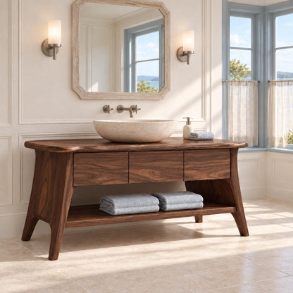 Bathroom Vanity with Three Drawers and Open Shelf in Natural Solid Wood - Woodenecho - 9