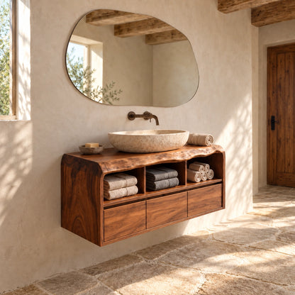 Bathroom Vanity with Three Drawers and Open Storage in Natural Solid Wood - Woodenecho - 1