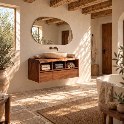 Bathroom Vanity with Three Drawers and Open Storage in Natural Solid Wood - Woodenecho - 2