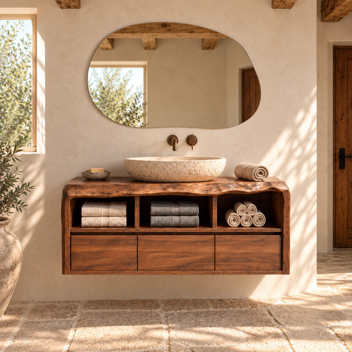 Bathroom Vanity with Three Drawers and Open Storage in Natural Solid Wood - Woodenecho - 3