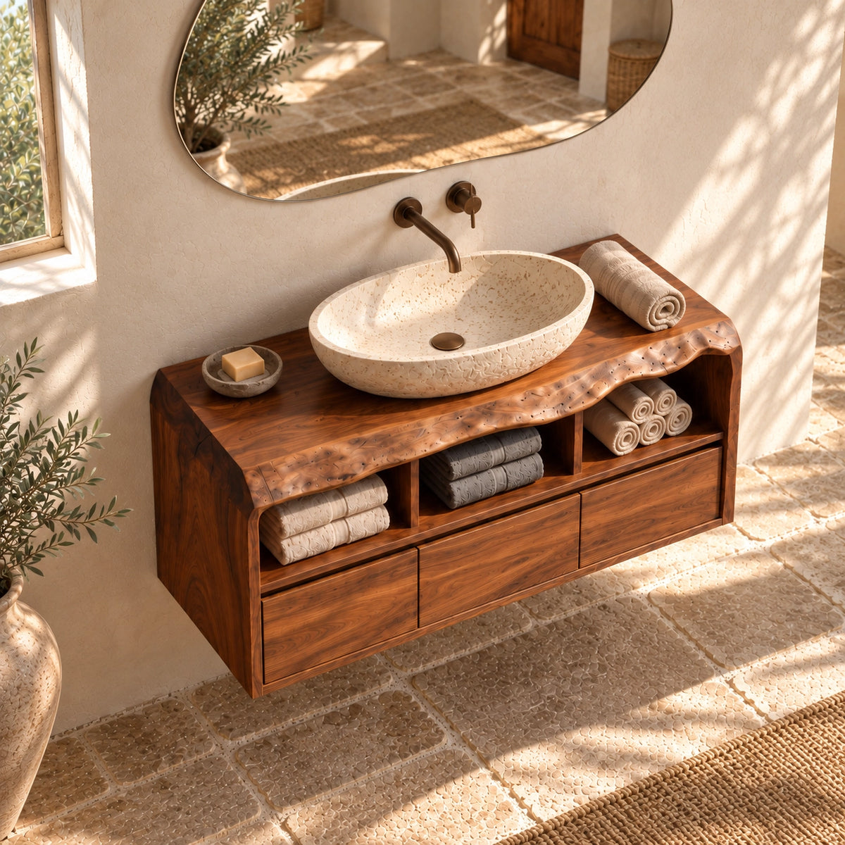 Bathroom Vanity with Three Drawers and Open Storage in Natural Solid Wood - Woodenecho - 4