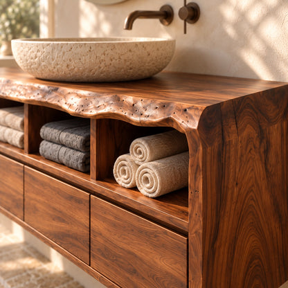 Bathroom Vanity with Three Drawers and Open Storage in Natural Solid Wood - Woodenecho - 5