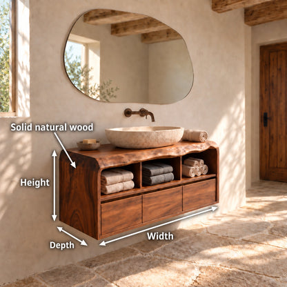 Bathroom Vanity with Three Drawers and Open Storage in Natural Solid Wood - Woodenecho - 6