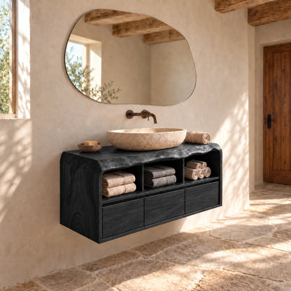 Bathroom Vanity with Three Drawers and Open Storage in Natural Solid Wood - Woodenecho - 7