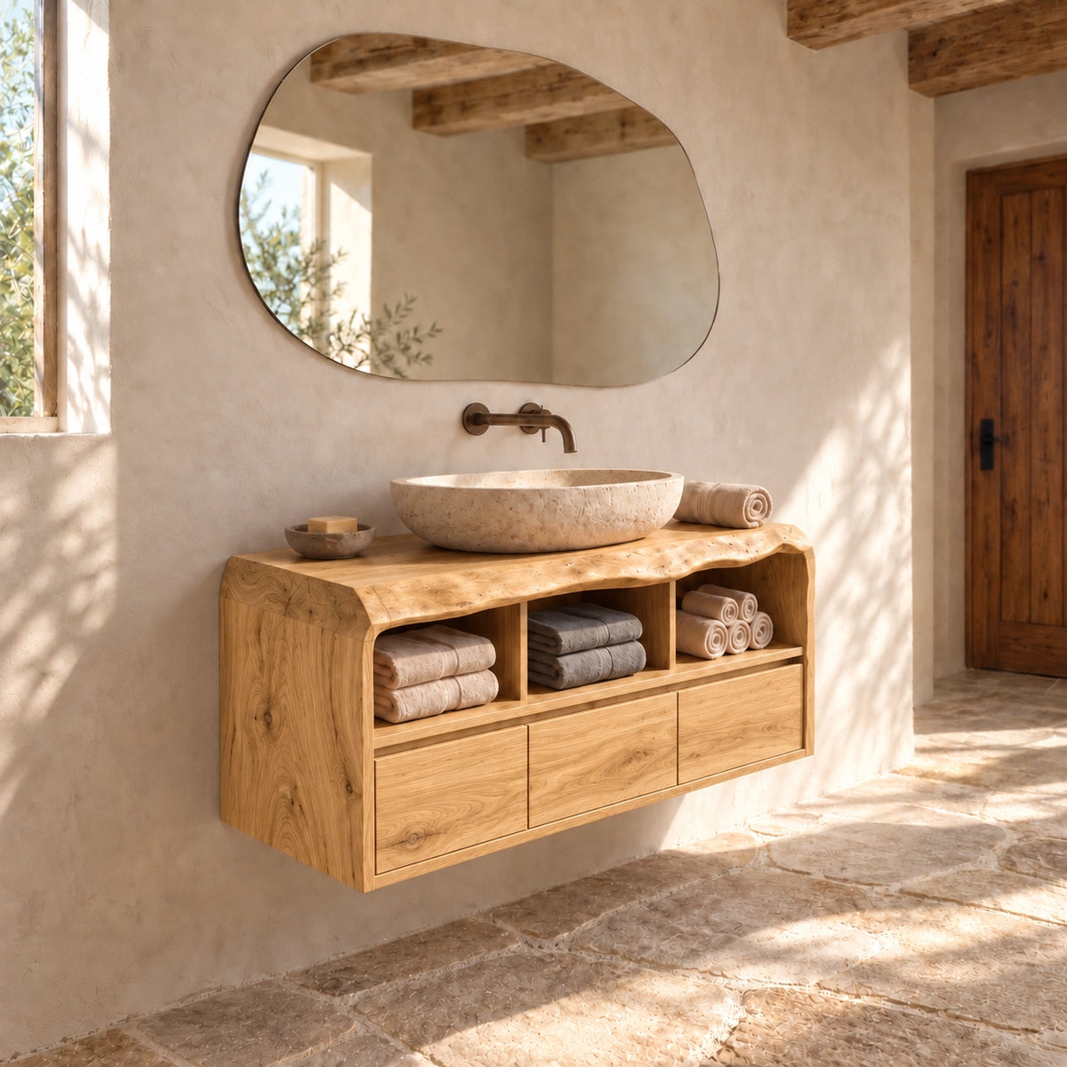 Bathroom Vanity with Three Drawers and Open Storage in Natural Solid Wood - Woodenecho - 8
