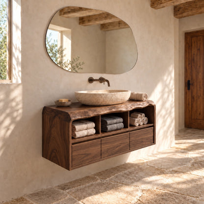 Bathroom Vanity with Three Drawers and Open Storage in Natural Solid Wood - Woodenecho - 9