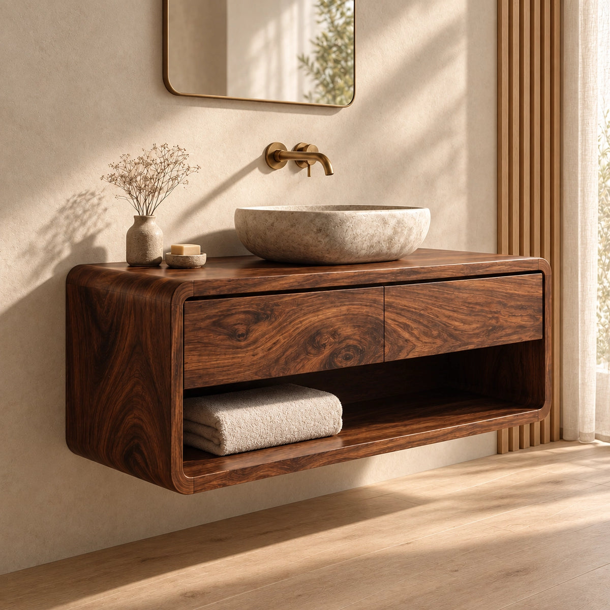 Bathroom Vanity with Two Drawers and Open Shelf in Natural Solid Wood - Woodenecho - 1