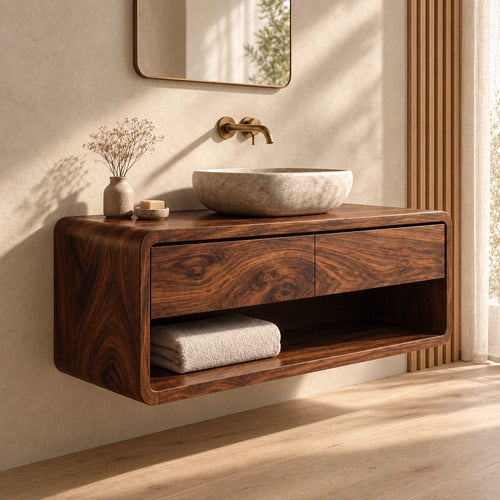Bathroom Vanity with Two Drawers and Open Shelf in Natural Solid Wood - Woodenecho - 1