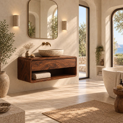 Bathroom Vanity with Two Drawers and Open Shelf in Natural Solid Wood - Woodenecho - 2