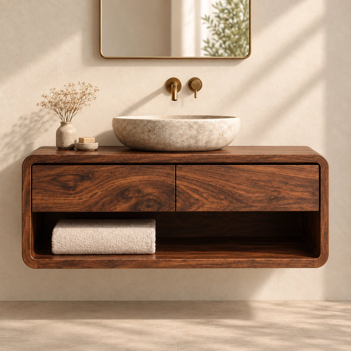 Bathroom Vanity with Two Drawers and Open Shelf in Natural Solid Wood - Woodenecho - 3