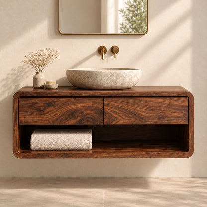 Bathroom Vanity with Two Drawers and Open Shelf in Natural Solid Wood - Woodenecho - 3