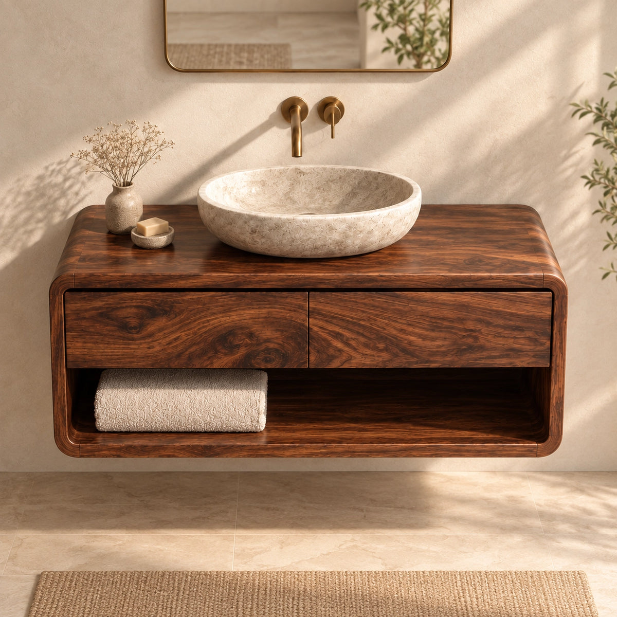 Bathroom Vanity with Two Drawers and Open Shelf in Natural Solid Wood - Woodenecho - 4