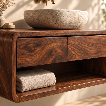 Bathroom Vanity with Two Drawers and Open Shelf in Natural Solid Wood - Woodenecho - 5