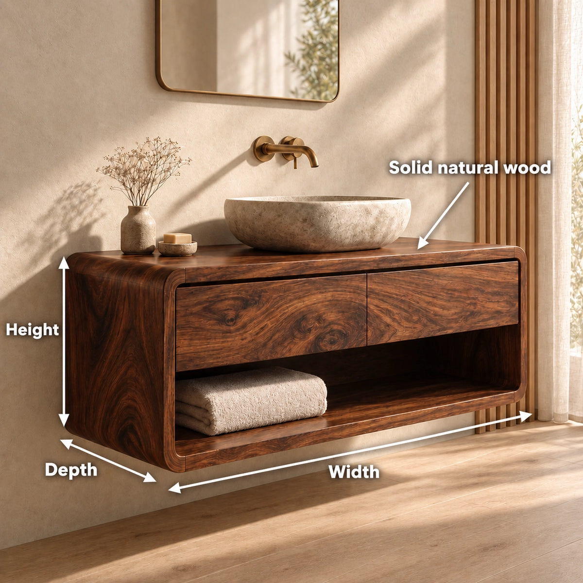 Bathroom Vanity with Two Drawers and Open Shelf in Natural Solid Wood - Woodenecho - 6
