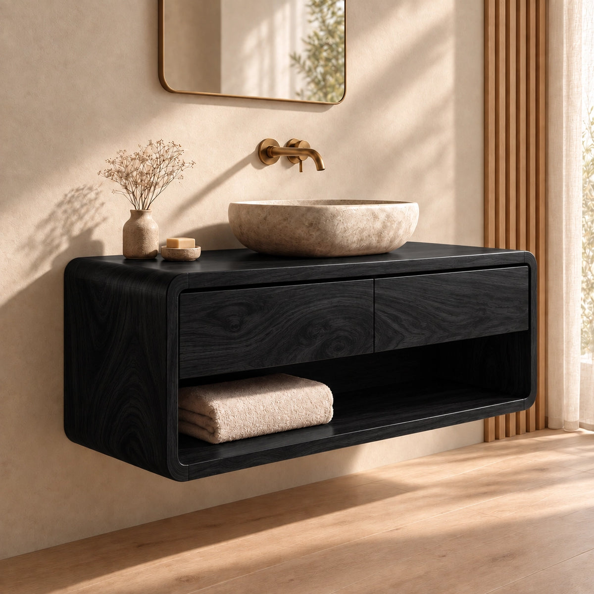 Bathroom Vanity with Two Drawers and Open Shelf in Natural Solid Wood - Woodenecho - 7