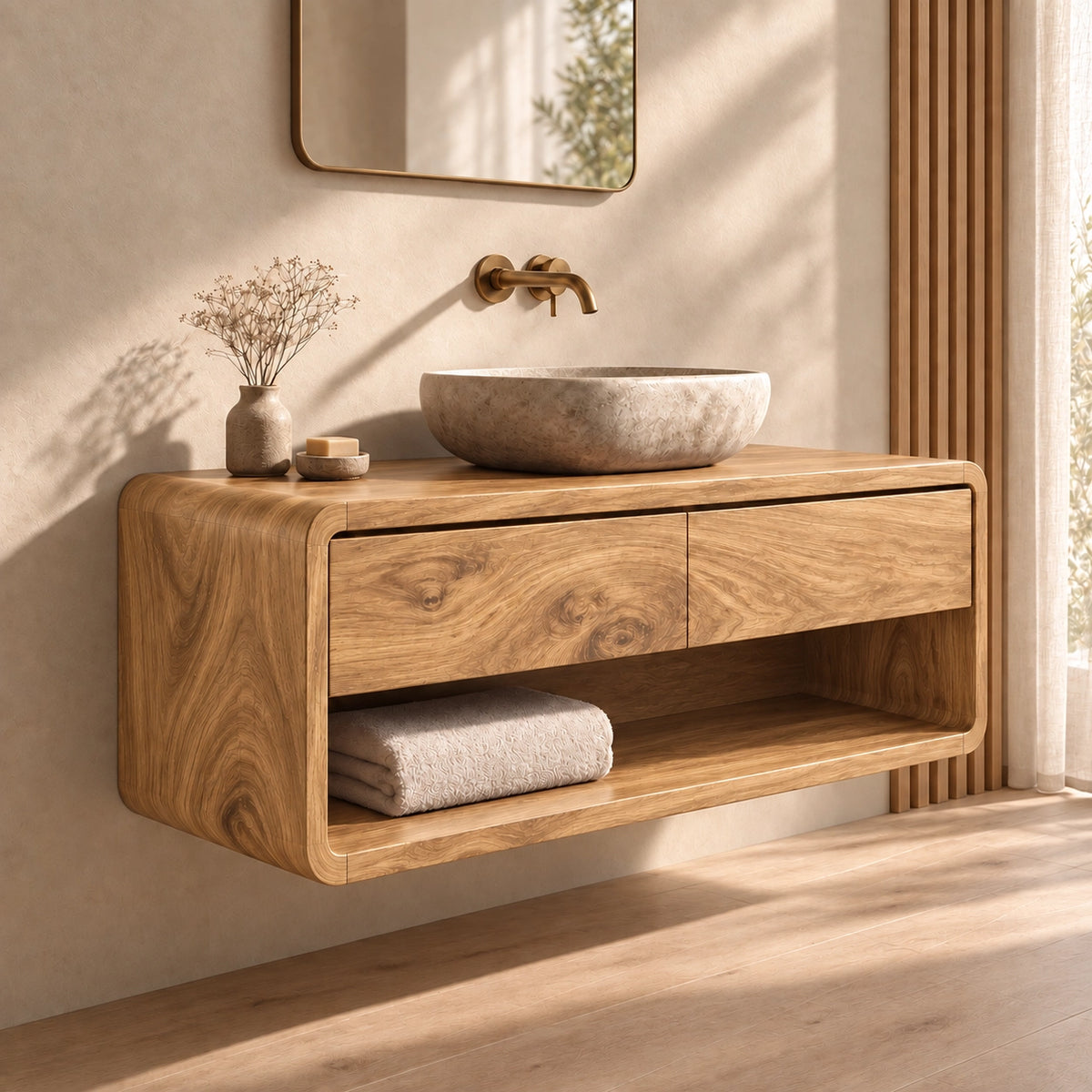 Bathroom Vanity with Two Drawers and Open Shelf in Natural Solid Wood - Woodenecho - 8