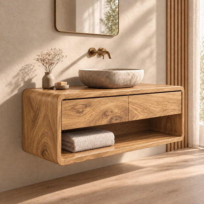 Bathroom Vanity with Two Drawers and Open Shelf in Natural Solid Wood - Woodenecho - 8