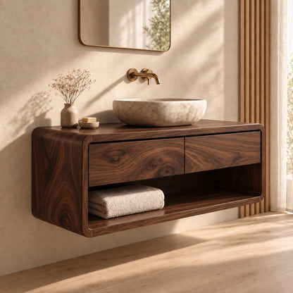 Bathroom Vanity with Two Drawers and Open Shelf in Natural Solid Wood - Woodenecho - 9