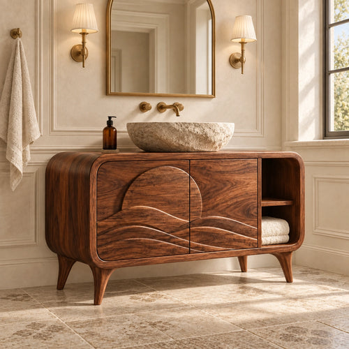 Bathroom Vanity with Wave-Carved Doors and Open Side Storage Cabinet - Woodenecho - 1