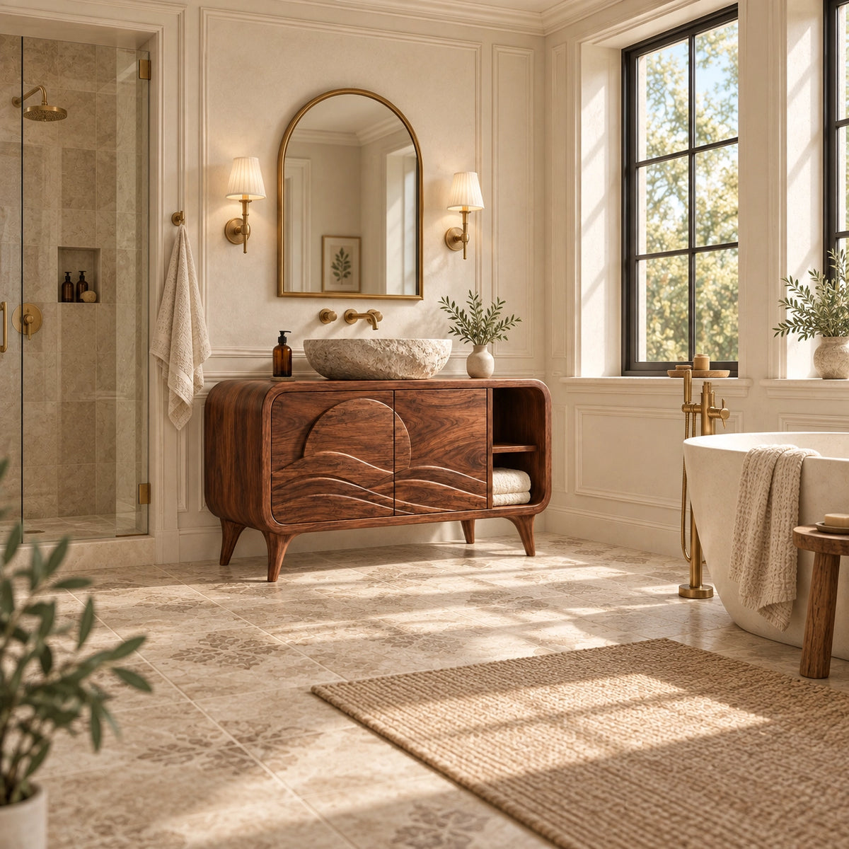 Bathroom Vanity with Wave-Carved Doors and Open Side Storage Cabinet - Woodenecho - 2