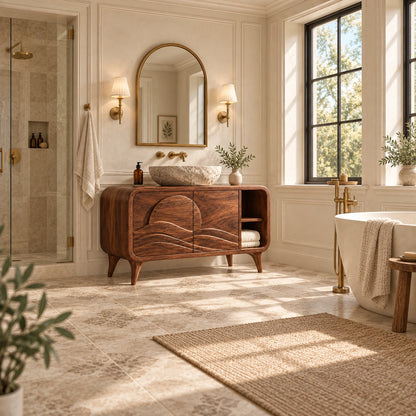 Bathroom Vanity with Wave-Carved Doors and Open Side Storage Cabinet - Woodenecho - 2