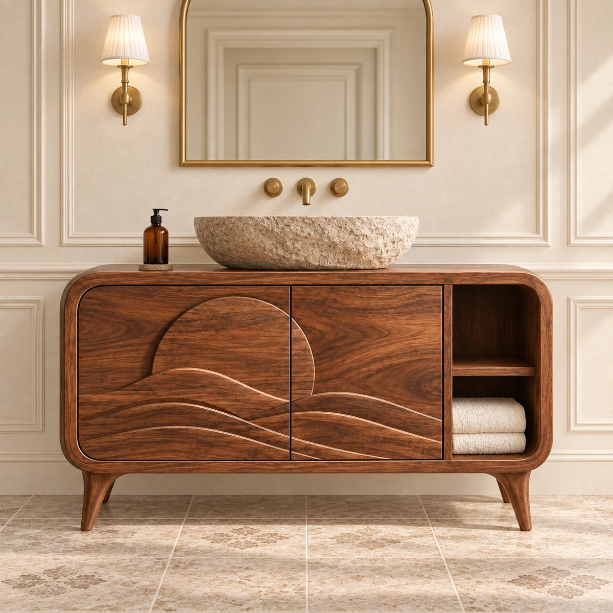 Bathroom Vanity with Wave-Carved Doors and Open Side Storage Cabinet - Woodenecho - 3