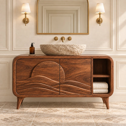 Bathroom Vanity with Wave-Carved Doors and Open Side Storage Cabinet - Woodenecho - 3