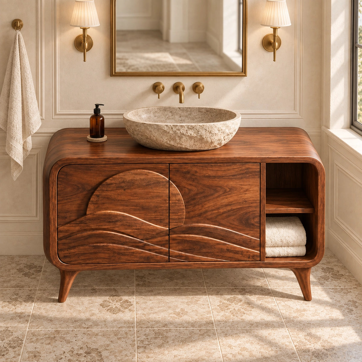 Bathroom Vanity with Wave-Carved Doors and Open Side Storage Cabinet - Woodenecho - 4