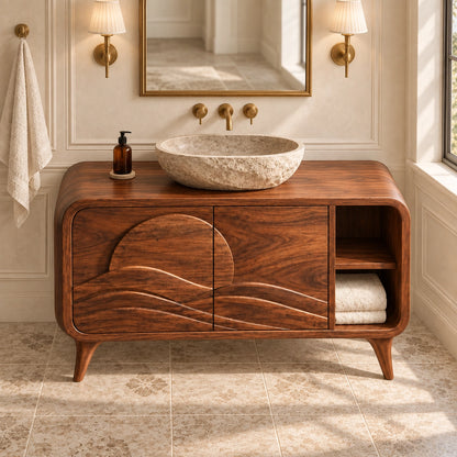 Bathroom Vanity with Wave-Carved Doors and Open Side Storage Cabinet - Woodenecho - 4