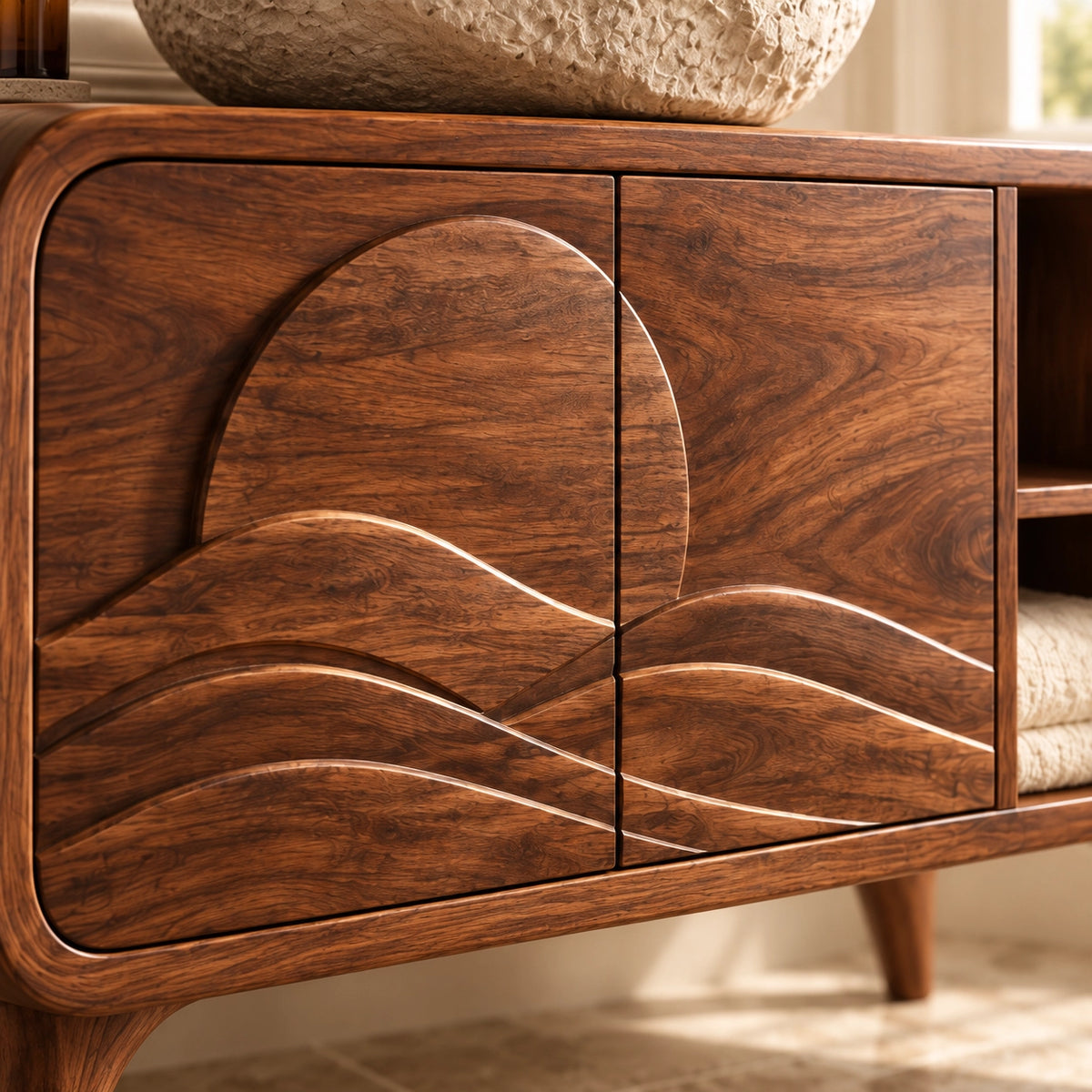 Bathroom Vanity with Wave-Carved Doors and Open Side Storage Cabinet - Woodenecho - 5