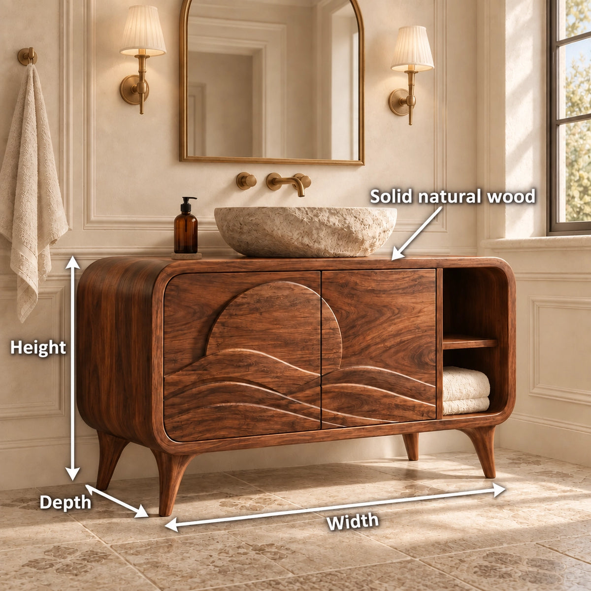 Bathroom Vanity with Wave-Carved Doors and Open Side Storage Cabinet - Woodenecho - 6