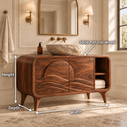 Bathroom Vanity with Wave-Carved Doors and Open Side Storage Cabinet - Woodenecho - 6