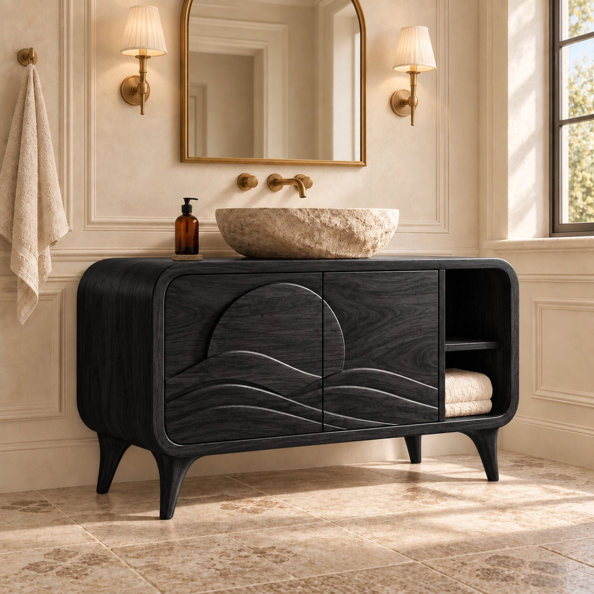 Bathroom Vanity with Wave-Carved Doors and Open Side Storage Cabinet - Woodenecho - 7