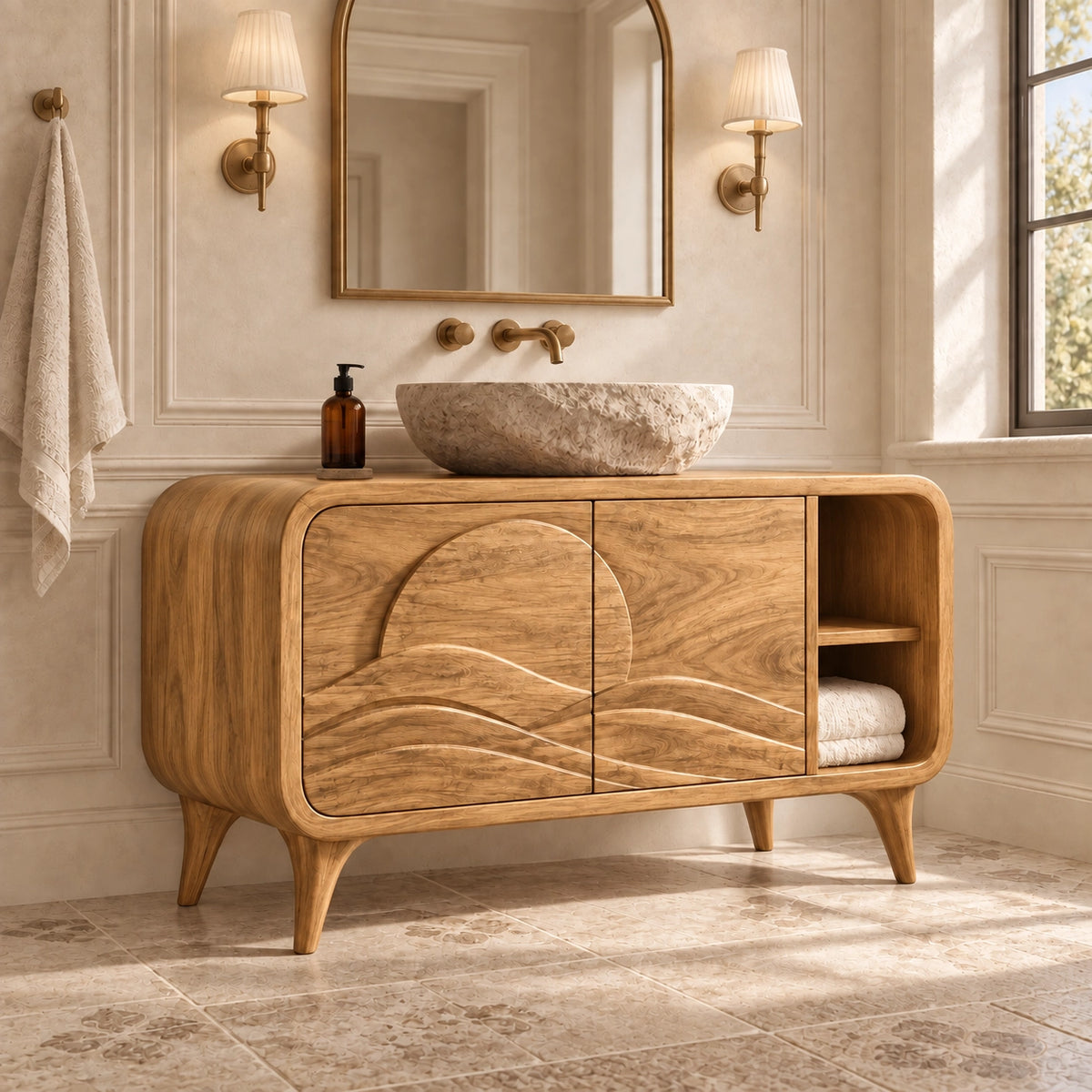 Bathroom Vanity with Wave-Carved Doors and Open Side Storage Cabinet - Woodenecho - 8